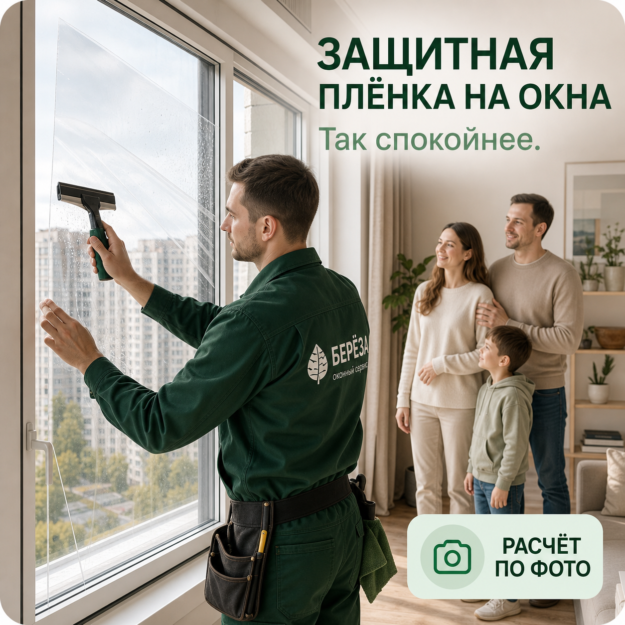 Мастер наносит защитную плёнку на окно